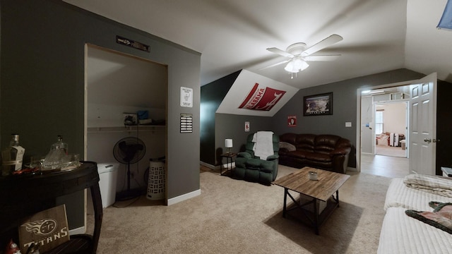 living room featuring light carpet, ceiling fan, and lofted ceiling