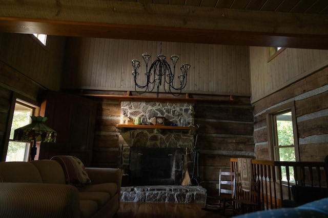 living room with beam ceiling, a fireplace, and wooden walls