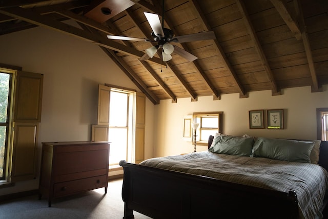 carpeted bedroom with wooden ceiling, ceiling fan, and lofted ceiling with beams