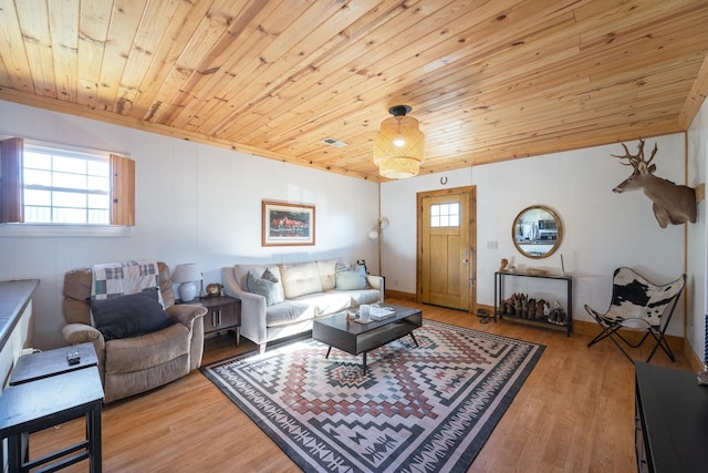 living room featuring wooden ceiling, light hardwood / wood-style floors, and a wealth of natural light