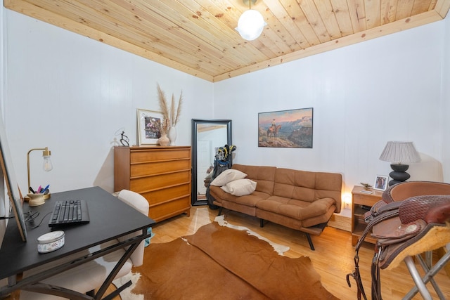 office space featuring wooden ceiling and light hardwood / wood-style flooring