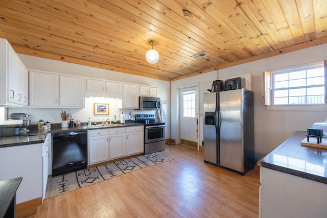 kitchen with sink, white cabinetry, wood ceiling, light hardwood / wood-style flooring, and stainless steel appliances