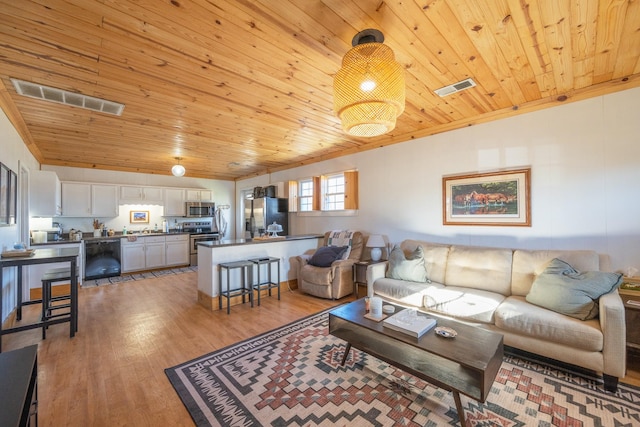 living room featuring crown molding, wood ceiling, and light hardwood / wood-style floors