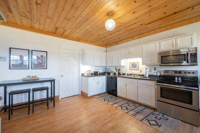 kitchen with sink, appliances with stainless steel finishes, light hardwood / wood-style floors, white cabinets, and wooden ceiling