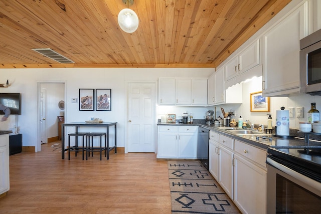 kitchen with sink, white cabinetry, wood ceiling, light wood-type flooring, and appliances with stainless steel finishes