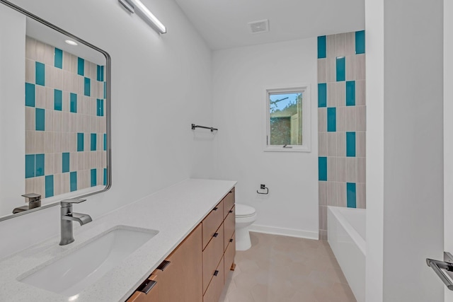 bathroom with baseboards, visible vents, a shower, toilet, and vanity