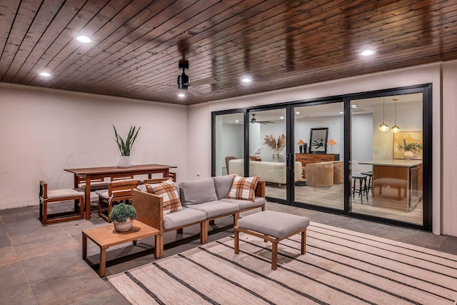 interior space with wooden ceiling, a ceiling fan, and recessed lighting