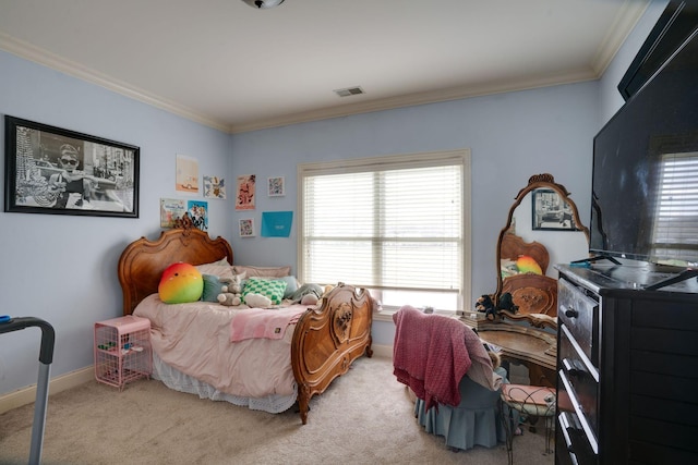 carpeted bedroom with crown molding