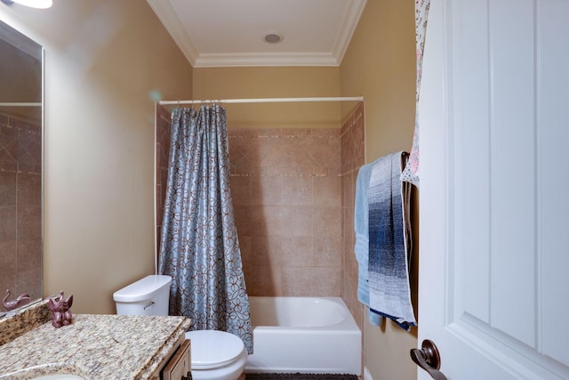 full bathroom with toilet, vanity, crown molding, and shower / bathtub combination with curtain