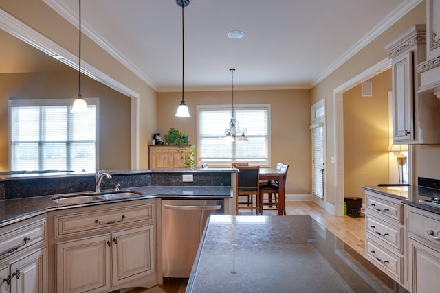 kitchen with decorative light fixtures, sink, ornamental molding, stainless steel dishwasher, and light hardwood / wood-style flooring