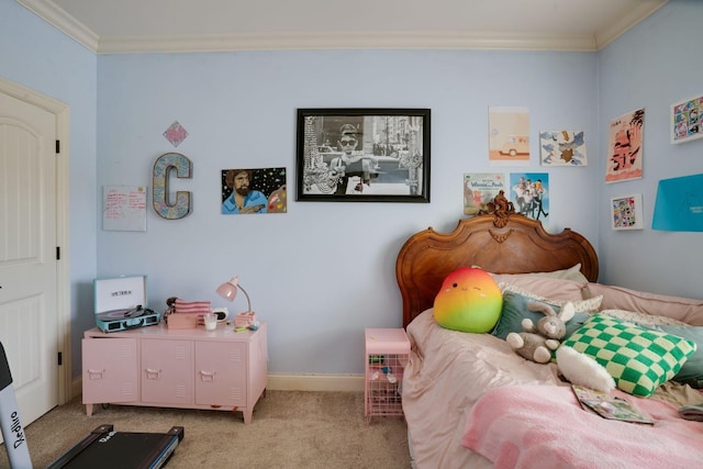 carpeted bedroom with ornamental molding