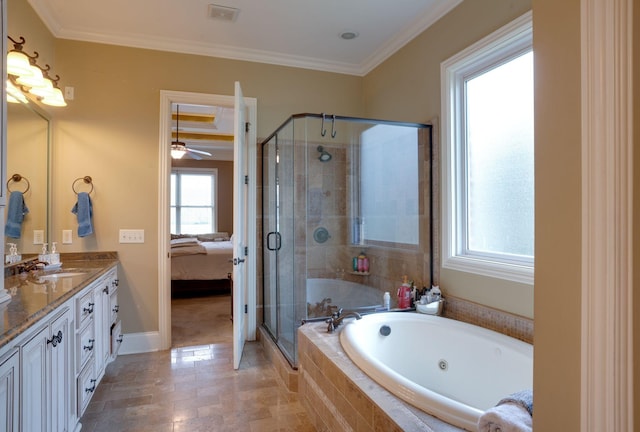 bathroom with shower with separate bathtub, crown molding, and vanity