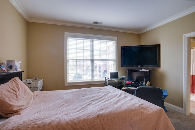 bedroom with carpet flooring, crown molding, and multiple windows