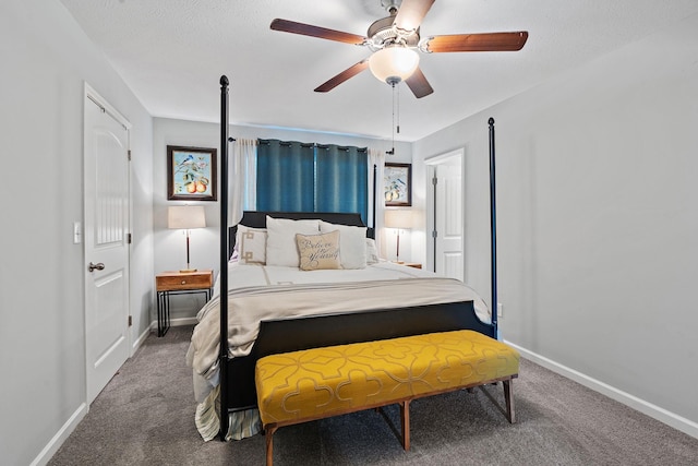 bedroom with ceiling fan and carpet