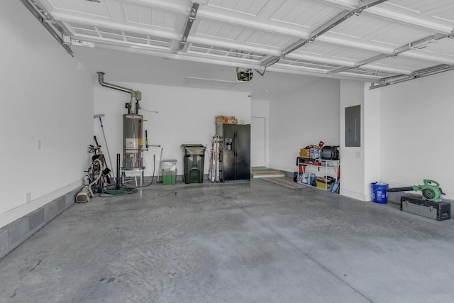 garage featuring water heater, black fridge with ice dispenser, a garage door opener, and electric panel