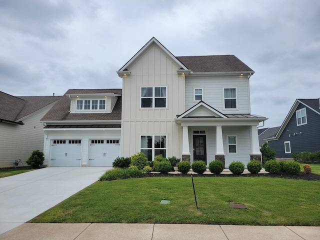 5633 Shelton Blvd, Murfreesboro, TN 37129 - view of front of property with board and batten siding, concrete driveway, a front yard, a garage, and roof with shingles