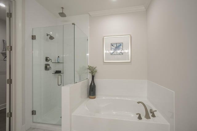 bathroom with plus walk in shower and crown molding