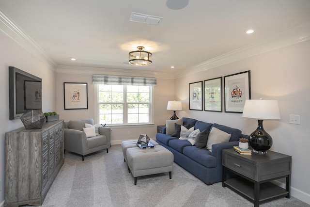 living room featuring light colored carpet and crown molding