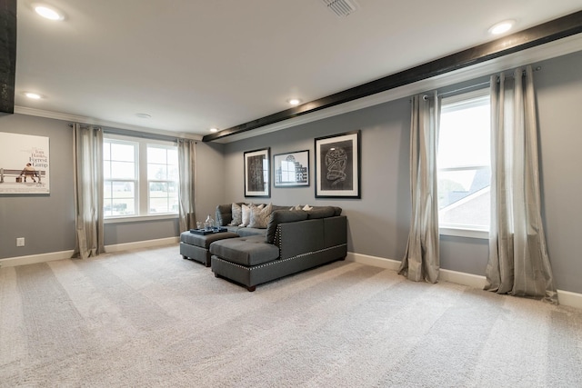 carpeted living room with crown molding