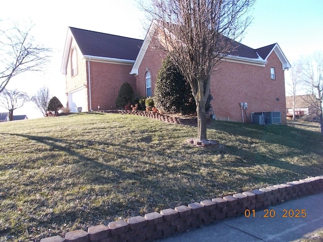 view of side of home featuring a garage, central air condition unit, and a lawn