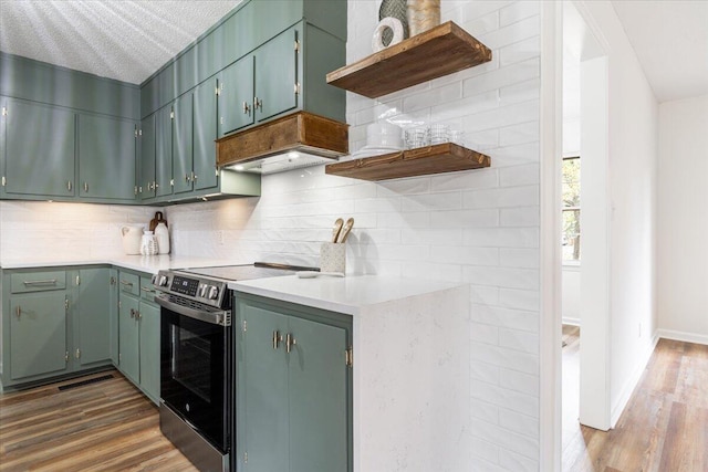 kitchen with dark hardwood / wood-style flooring, decorative backsplash, premium range hood, and stainless steel electric range oven