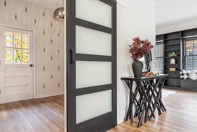 entryway with a notable chandelier and hardwood / wood-style flooring