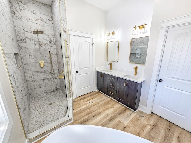 bathroom with vanity, plus walk in shower, and hardwood / wood-style floors