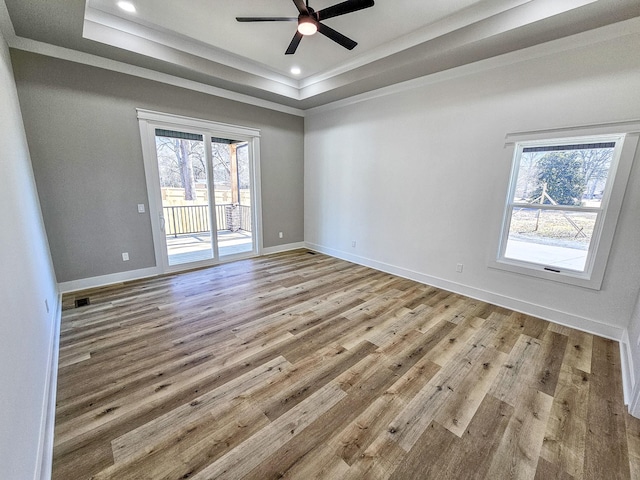 empty room with a raised ceiling, light wood-type flooring, a wealth of natural light, and ornamental molding