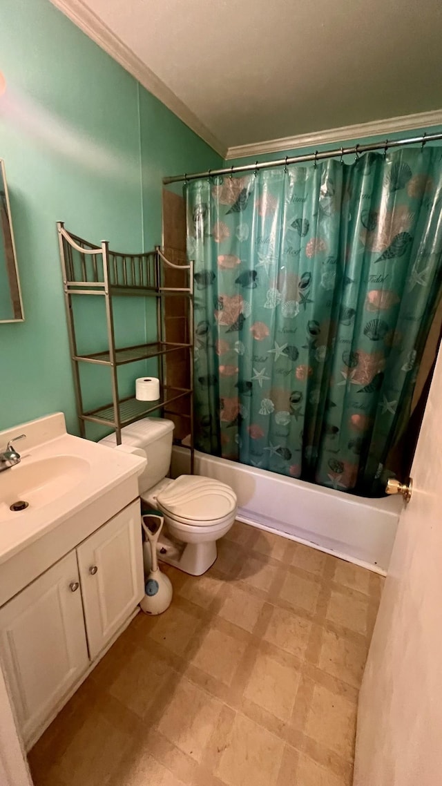 full bathroom featuring toilet, vanity, ornamental molding, and shower / tub combo with curtain