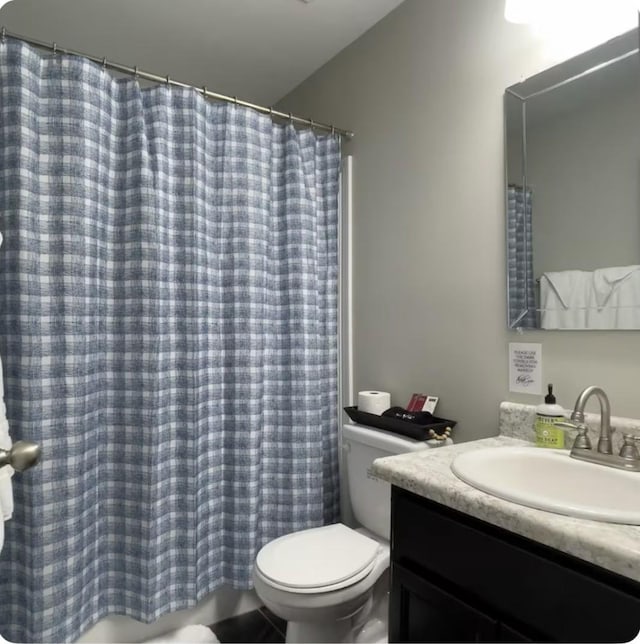 bathroom with toilet, a shower with shower curtain, and vanity