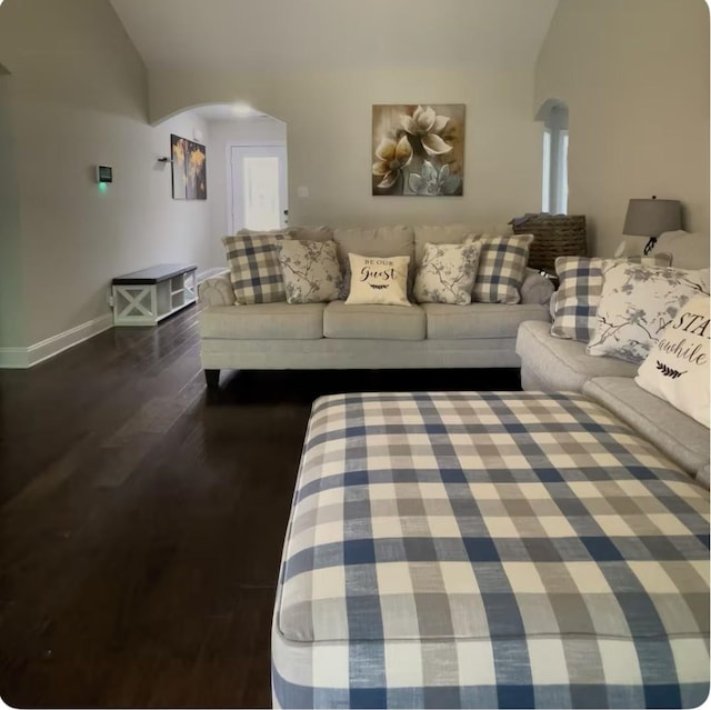 living room featuring dark hardwood / wood-style flooring and vaulted ceiling