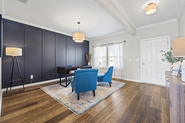 dining room with ornamental molding, beam ceiling, and dark hardwood / wood-style flooring