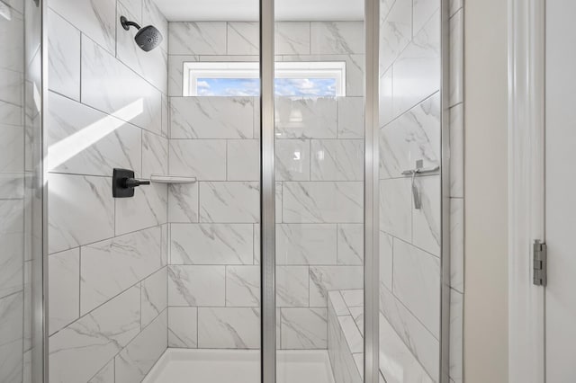 bathroom featuring a shower with shower door