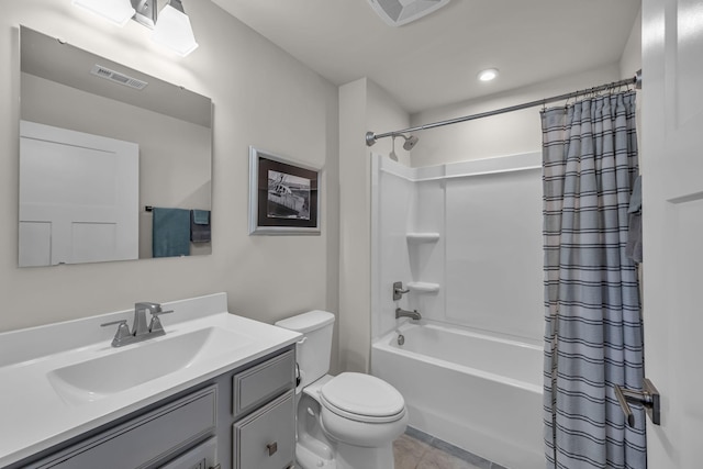 full bathroom with toilet, shower / bathtub combination with curtain, and vanity