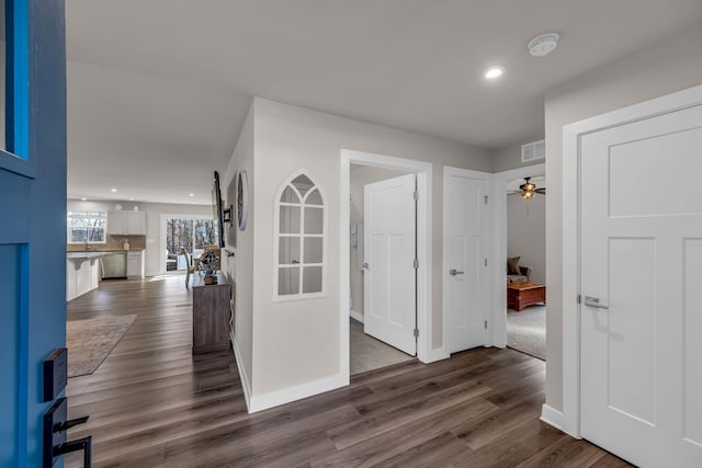 entryway featuring dark wood-type flooring and ceiling fan