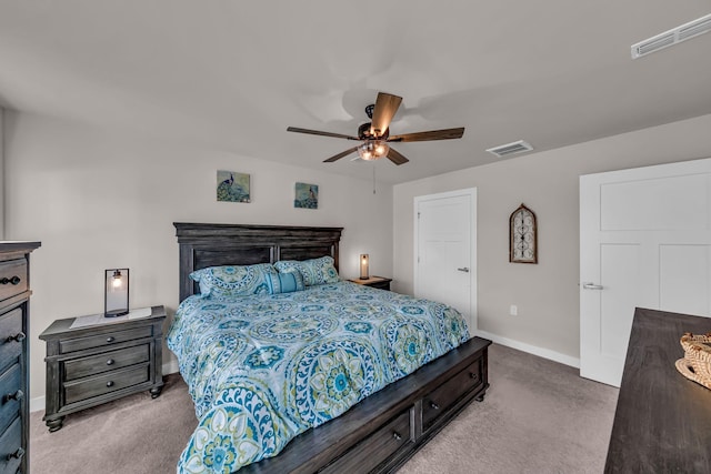 bedroom with ceiling fan and carpet