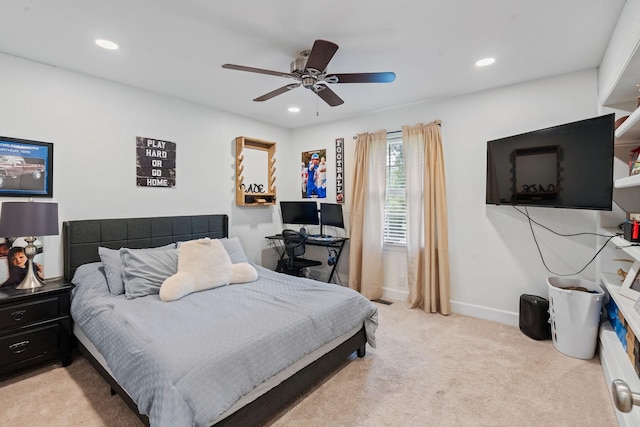 carpeted bedroom featuring ceiling fan