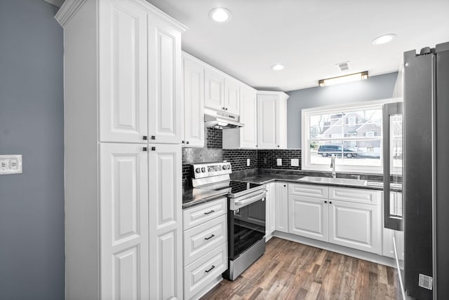 kitchen featuring white cabinetry, fridge, dark hardwood / wood-style flooring, stainless steel electric range, and sink