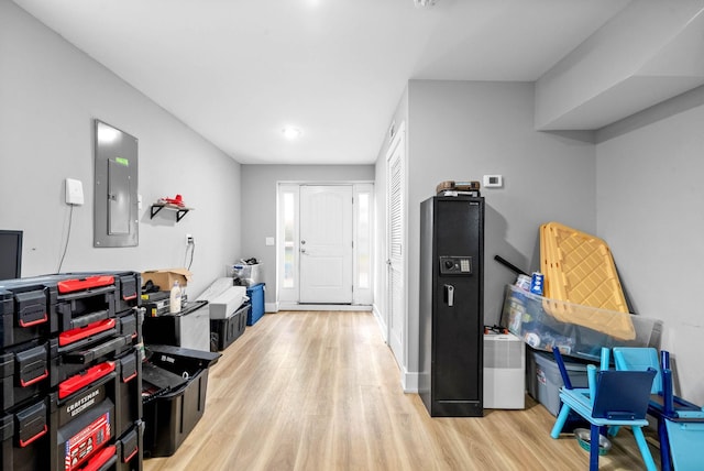 entrance foyer featuring light hardwood / wood-style floors and electric panel