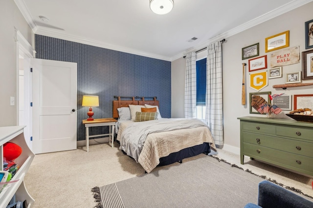 carpeted bedroom with ornamental molding