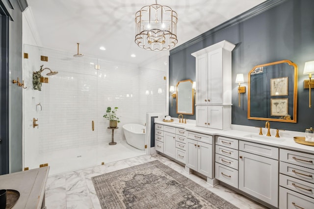 bathroom featuring crown molding, a chandelier, shower with separate bathtub, and vanity