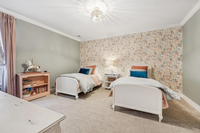 carpeted bedroom featuring crown molding