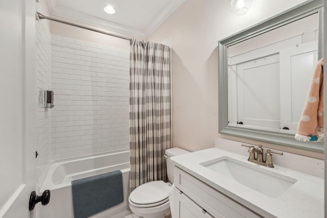 full bathroom with toilet, vanity, ornamental molding, and shower / tub combo