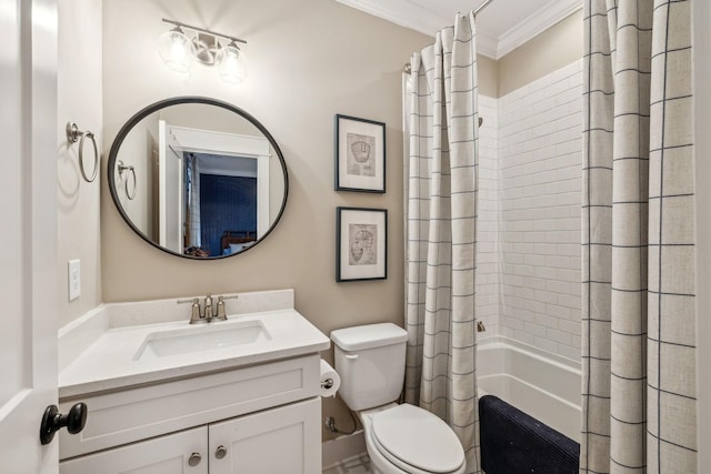 full bathroom with toilet, crown molding, shower / bathtub combination with curtain, and vanity