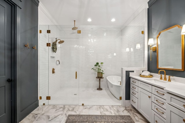 bathroom featuring vanity, tile walls, crown molding, and shower with separate bathtub