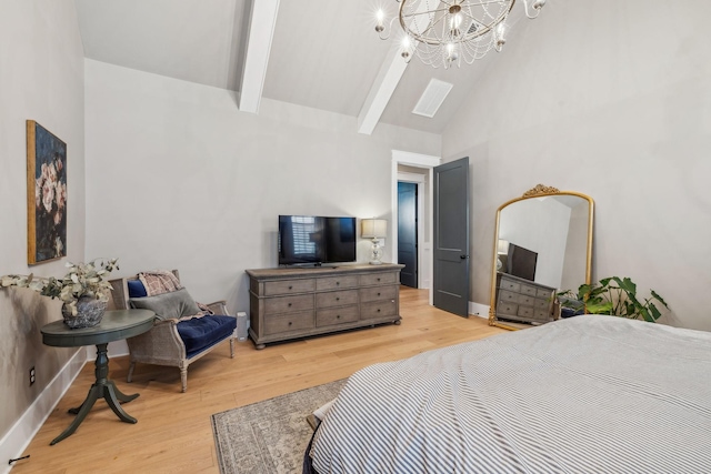 bedroom featuring a notable chandelier, light hardwood / wood-style floors, beam ceiling, and high vaulted ceiling