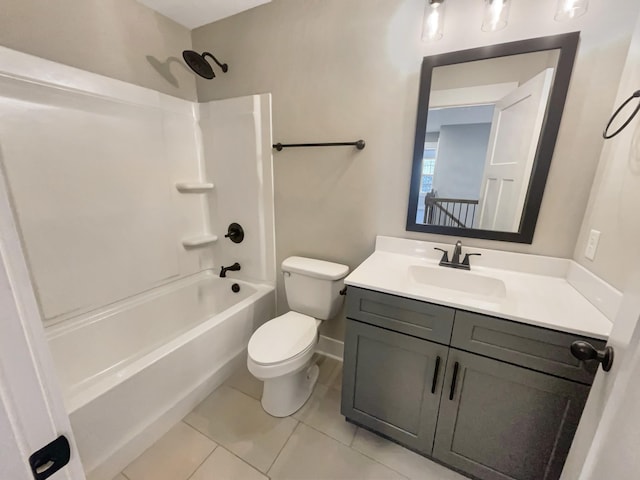 full bathroom with tub / shower combination, toilet, tile patterned floors, and vanity