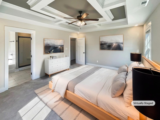 bedroom featuring crown molding, coffered ceiling, ensuite bathroom, and ceiling fan