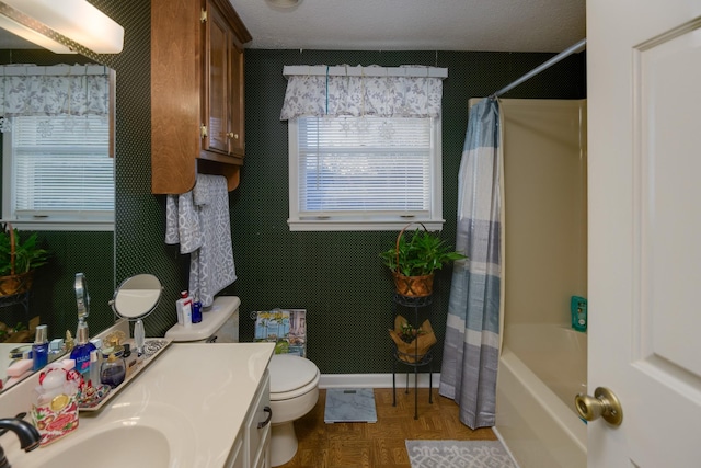 full bathroom featuring vanity, toilet, shower / tub combo, and parquet flooring