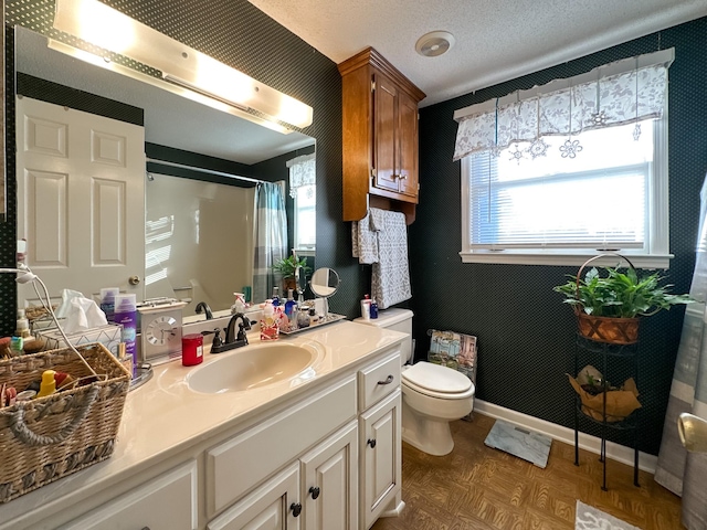 bathroom featuring curtained shower, plenty of natural light, toilet, and parquet flooring